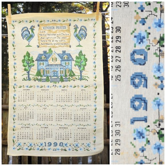 VTG 1990 Kitchen Prayer Calendar Towel Blue House in Faux Cross Stitch Design - Picture 1 of 7